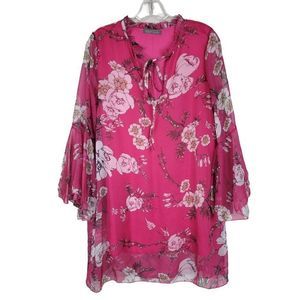 Lola Pink White Floral Long Flare Sleeves Ruffle Tie Neckline Tunic Dress Size M